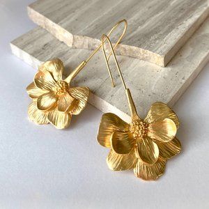 NEW~ Anthropologie Long Gold Flower Earrings